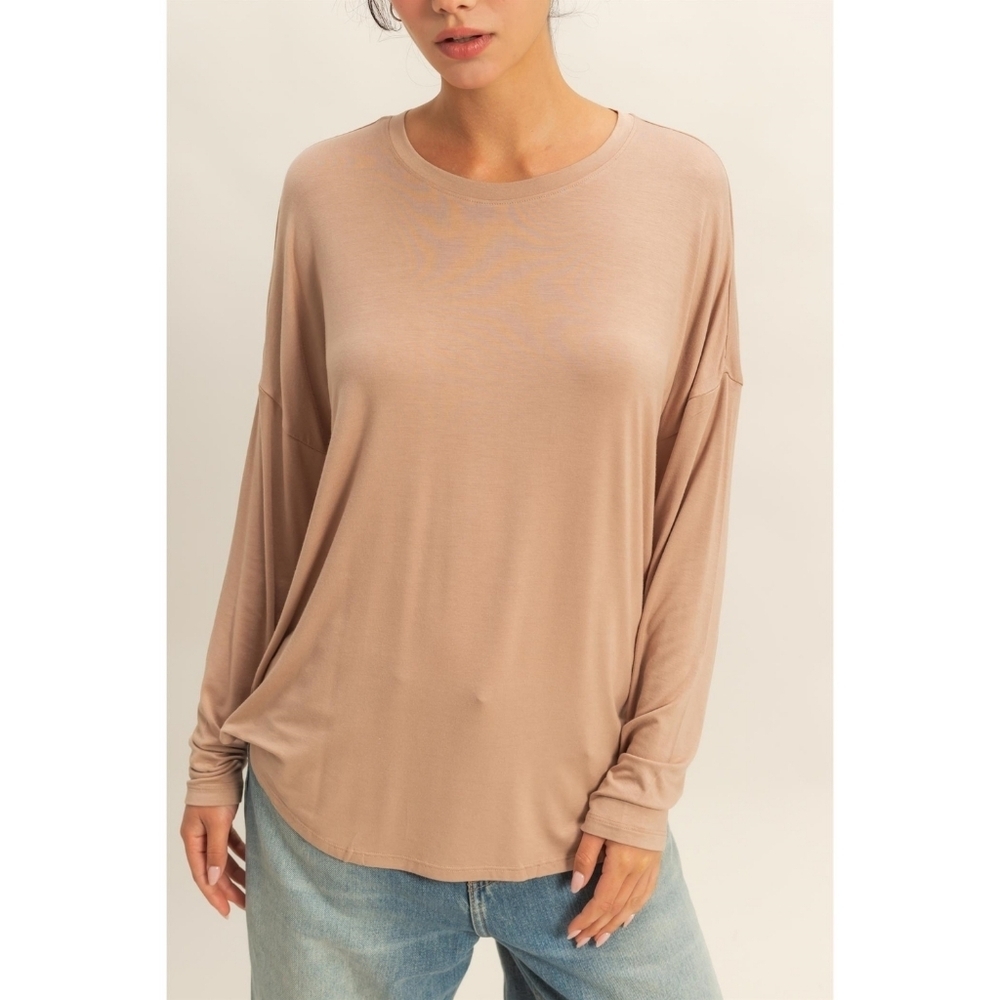 Taupe Buttery Soft Rayon Relaxed Fit Oversized Long Sleeve T-Shirt